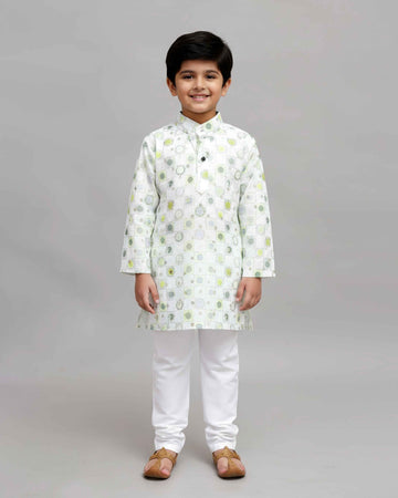 Boys White kurta with green floral and geometric prints, paired with white Pant