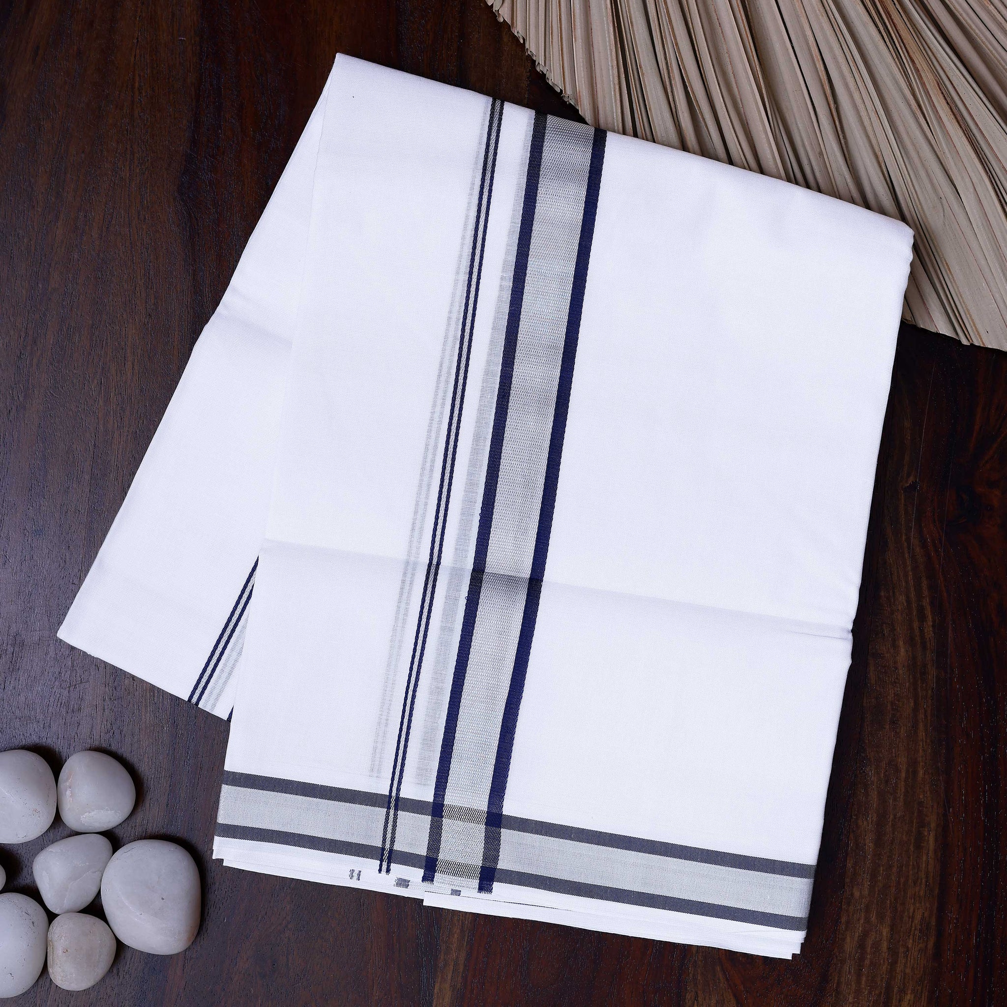 Men's Traditional Handwoven Cotton Dhoti with Silver Border and Elegant Finish - White