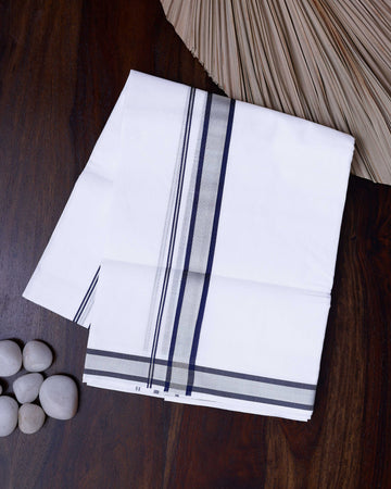 Men's Traditional Handwoven Cotton Dhoti with Silver Border and Elegant Finish - White