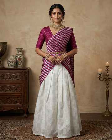 Cotton Semi Stitched Dhavani Set For Women | Festive Wear & Traditional Collection | Jeyachandran - Purple & White