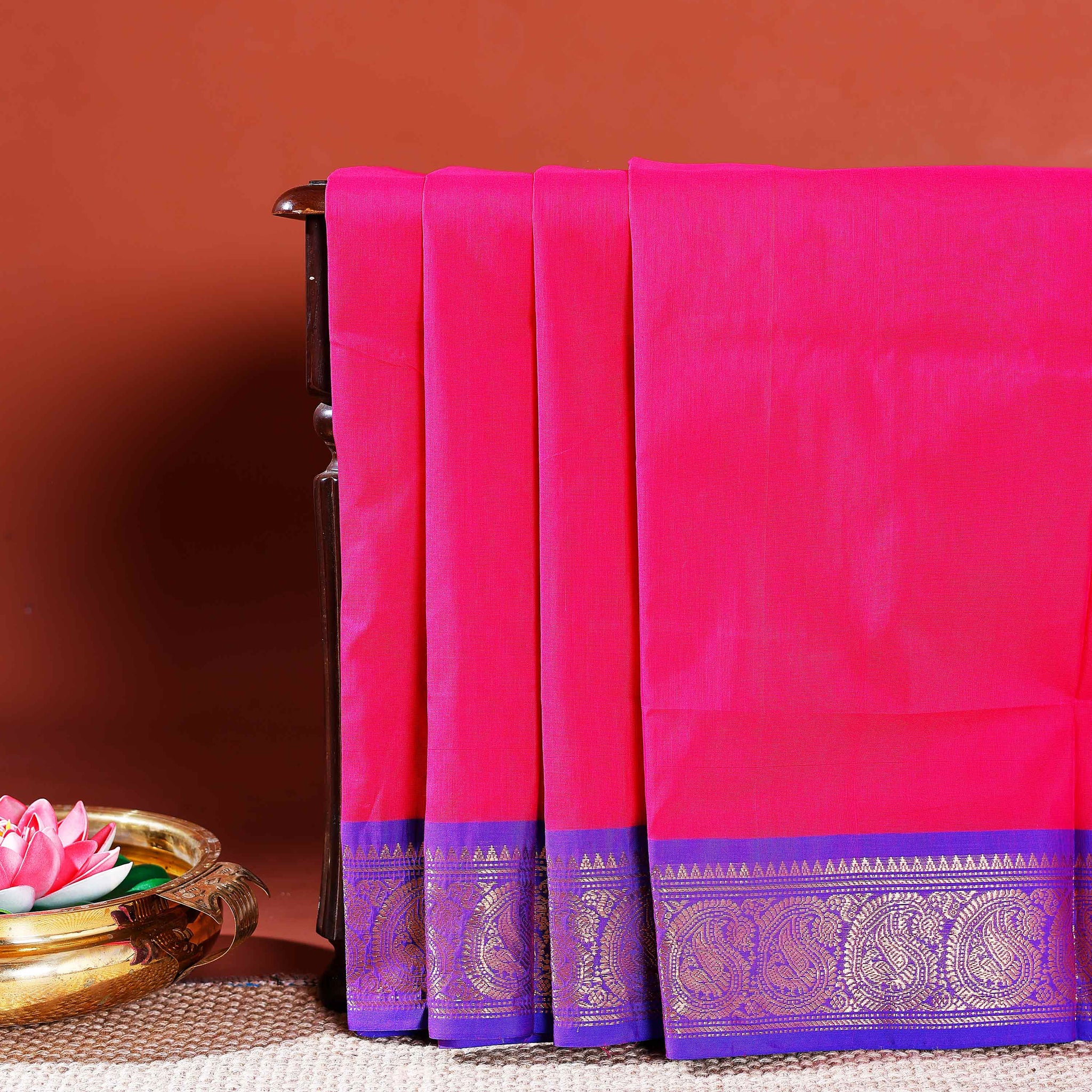 Handloom Chettinad Cotton Saree with Traditional Zari Woven Border - Pink