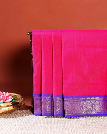 Handloom Chettinad Cotton Saree with Traditional Zari Woven Border - Pink