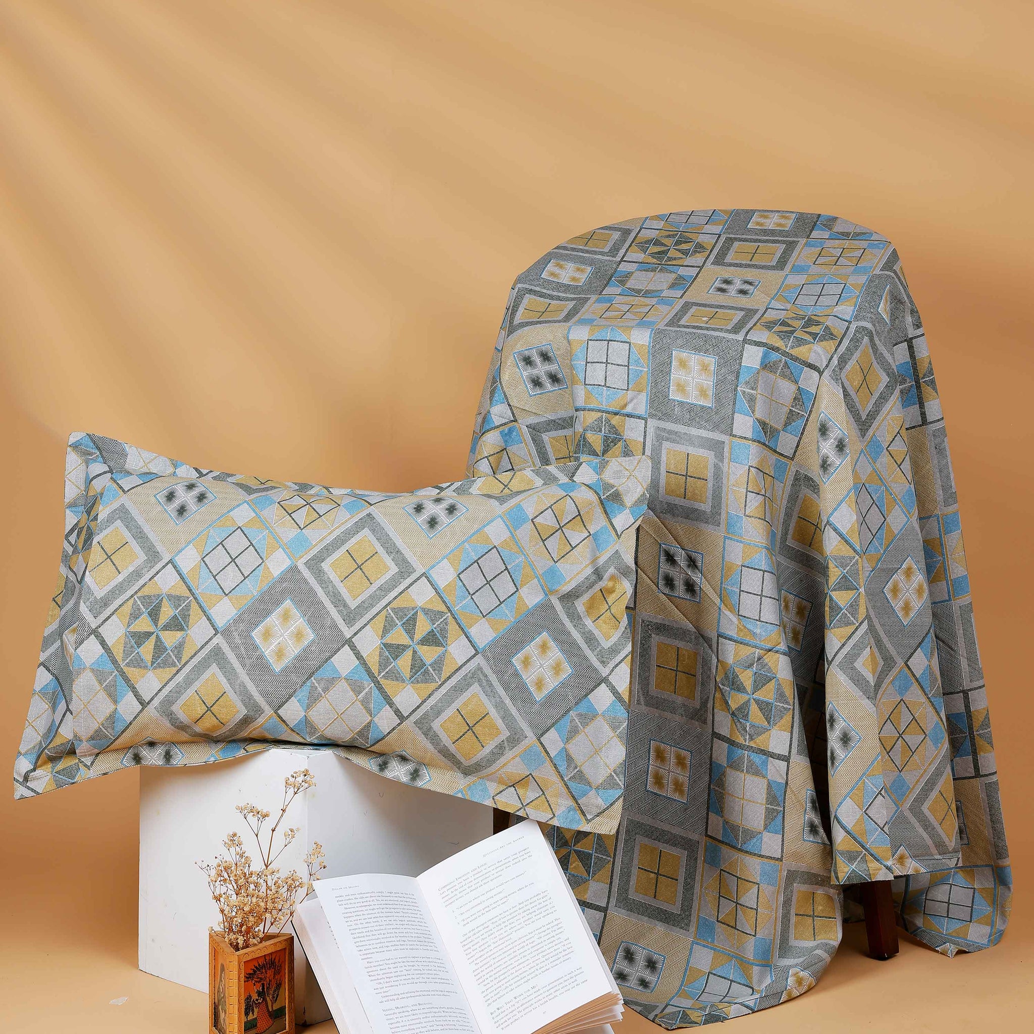 Geometric Patchwork Cotton Single Bed Cover with Pillow Cover