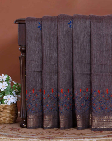 Elegant Kantha Hand Embroidered Saree with Intricate Floral Motif and Contrast Border - Dusty Purple