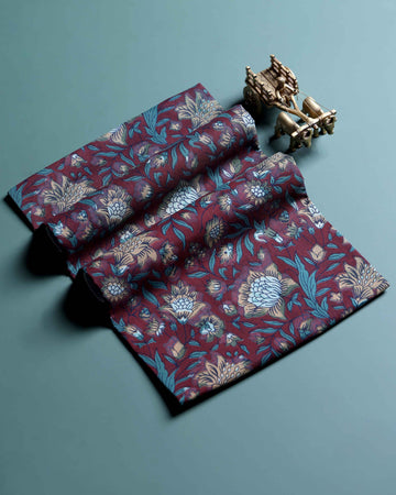 Women’s Handloom Cotton 1 Meter Blouse Material with Floral Block Print - Maroon