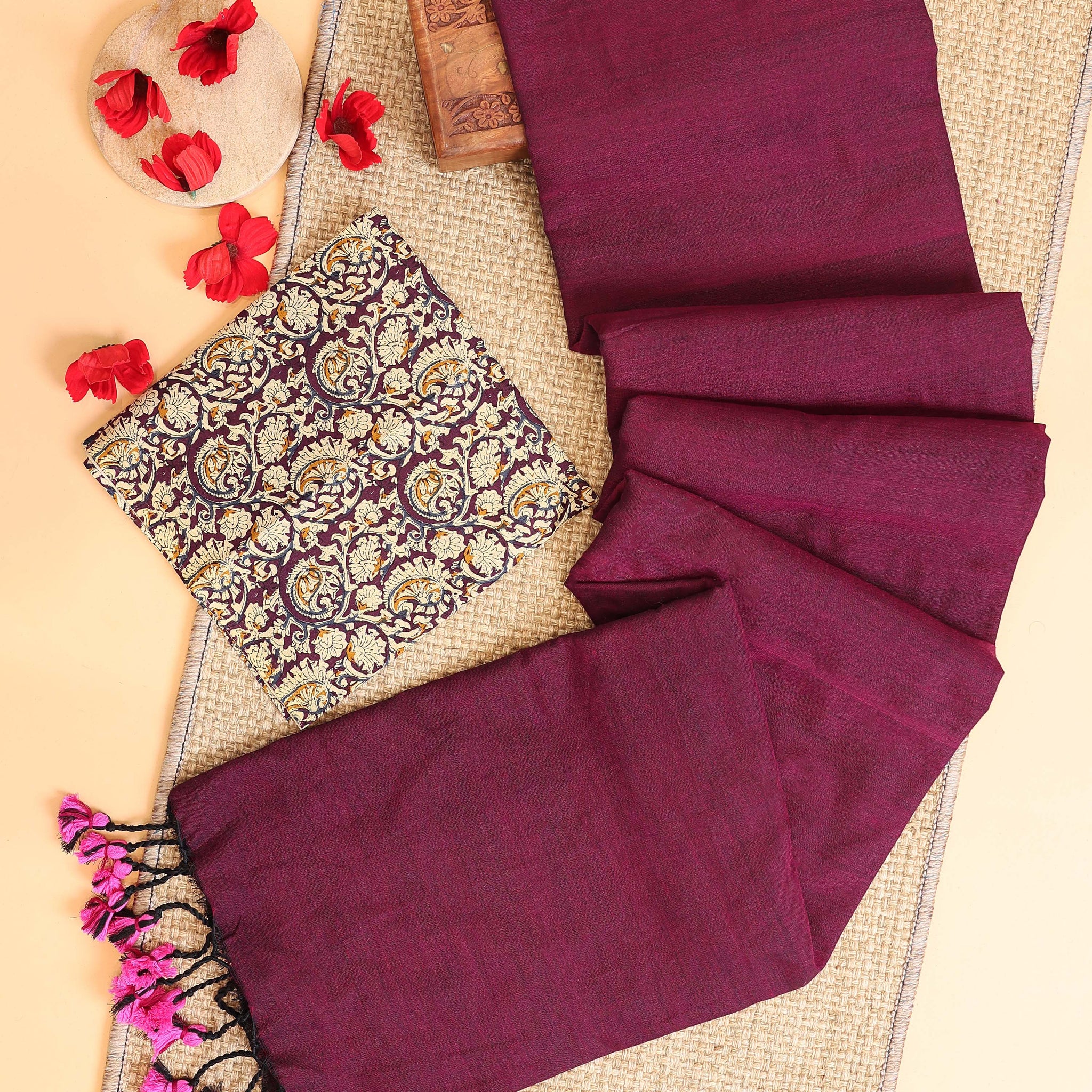 Handwoven Khadi Cotton Saree with Contrast Printed Blouse and Tassel Accents - Maroon