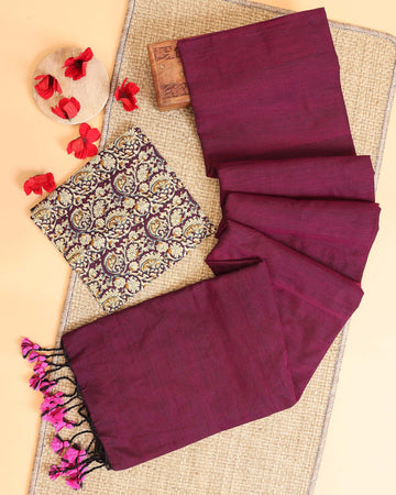 Handwoven Khadi Cotton Saree with Contrast Printed Blouse and Tassel Accents - Maroon