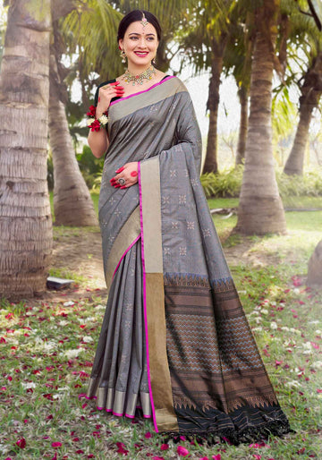 Soft Silk Dark Grey Color Saree