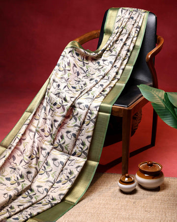 Elegant Linen Tissue Saree With Floral Print and Contrast Zari Border - Beige