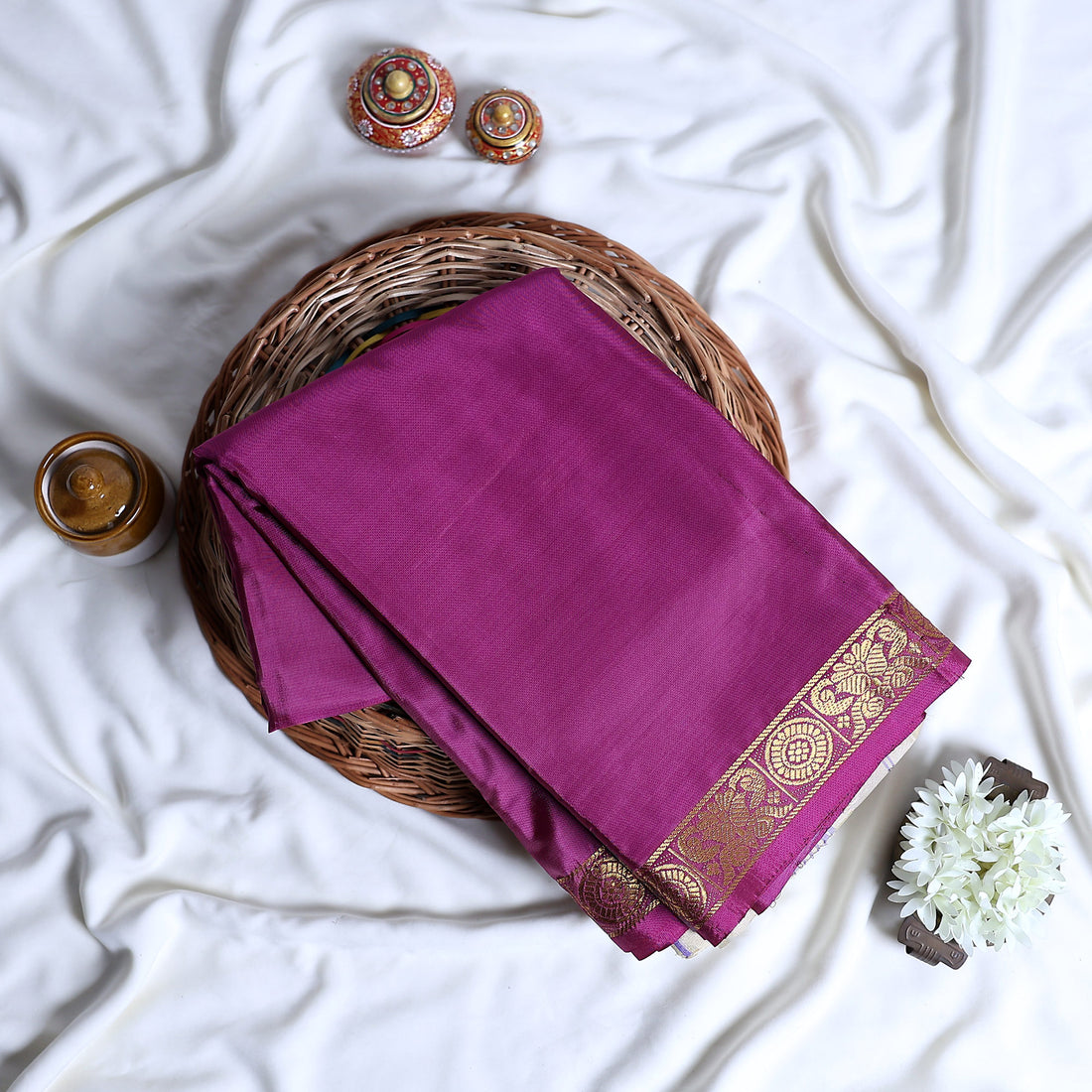 Dark Magenta Banana Pith Semi Silk Saree for Women | Wedding & Festive occasion | Jeyachandran - Full View