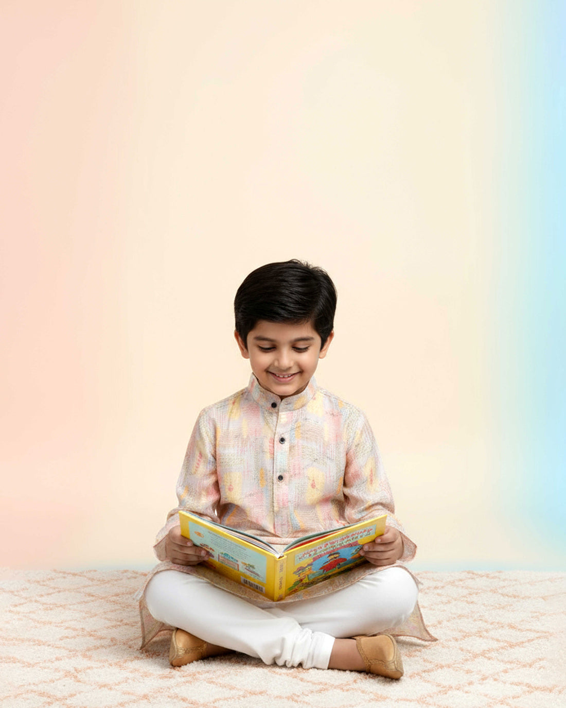 Boys Festive Peach Kurta Set with Multicolor artistic patterns Print
