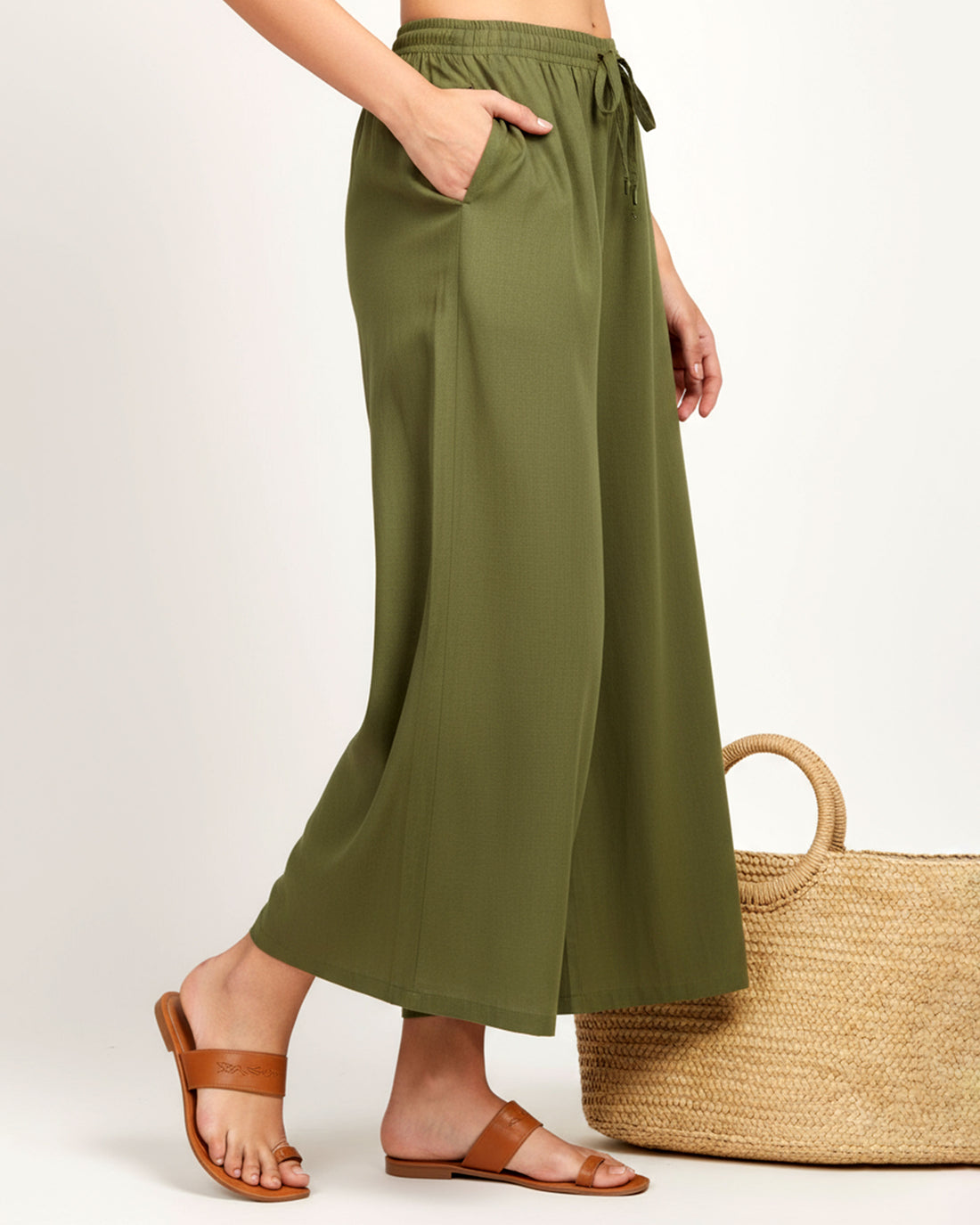 Elegant High-Waist Flared Palazzo Pant - Olive Green