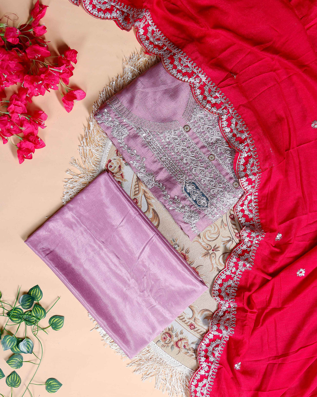 Women's Embroidered Unstitched Salwar Suit Material with Sequins and Scalloped Dupatta Border- Lavender