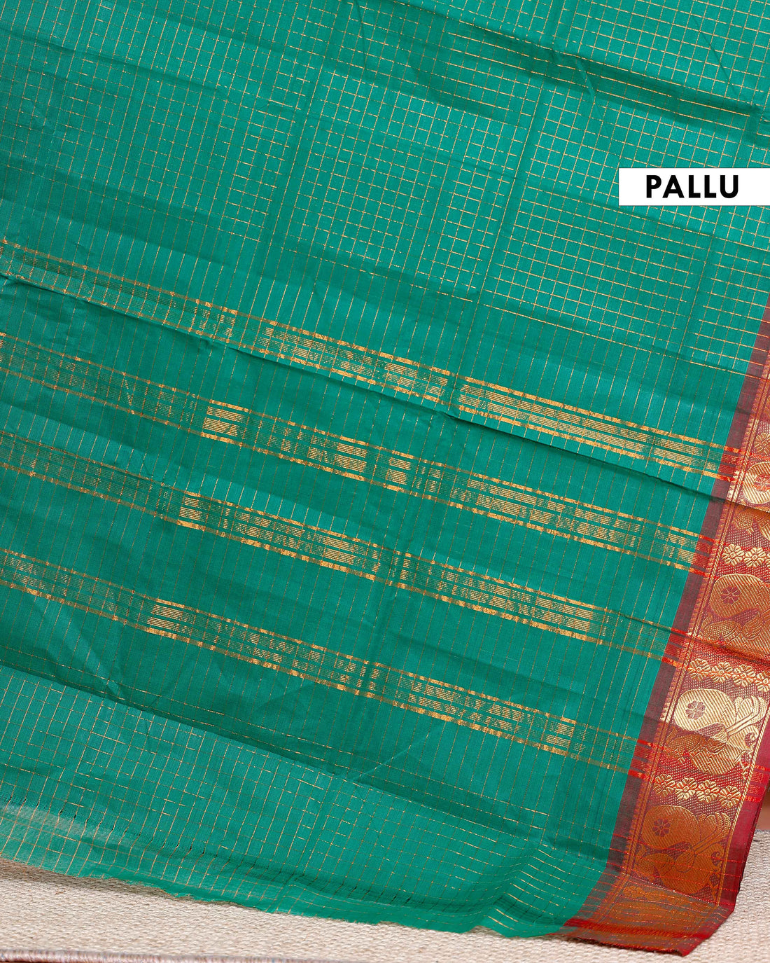 Chettinad Cotton Saree with Fine Checked Weave and Peacock Zari Border - Green