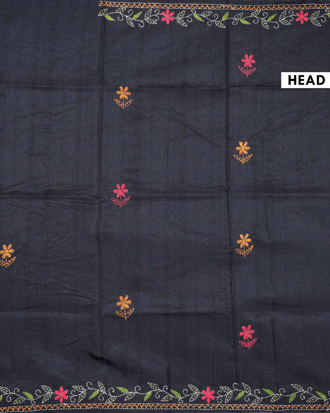Elegant Hand Embroidered Kantha Work Tussar Saree with Detailed Floral Motifs - Black