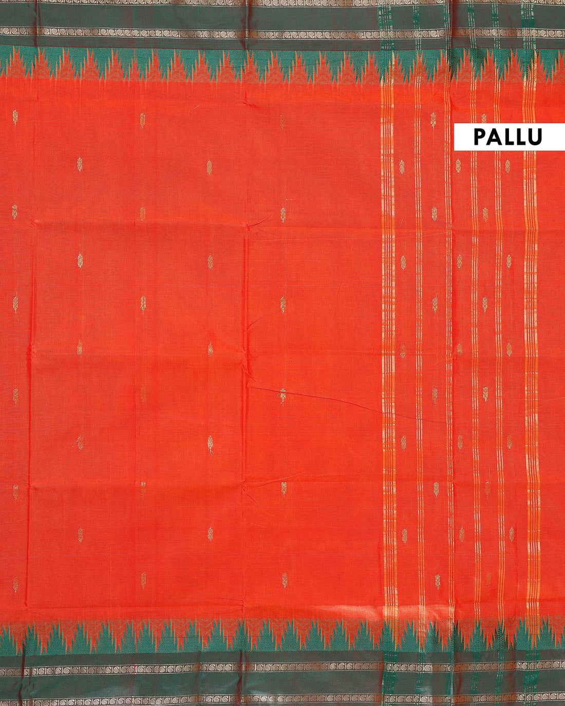 Chettinad Handloom Cotton Saree with Traditional Temple Border and Striped Body - Orange