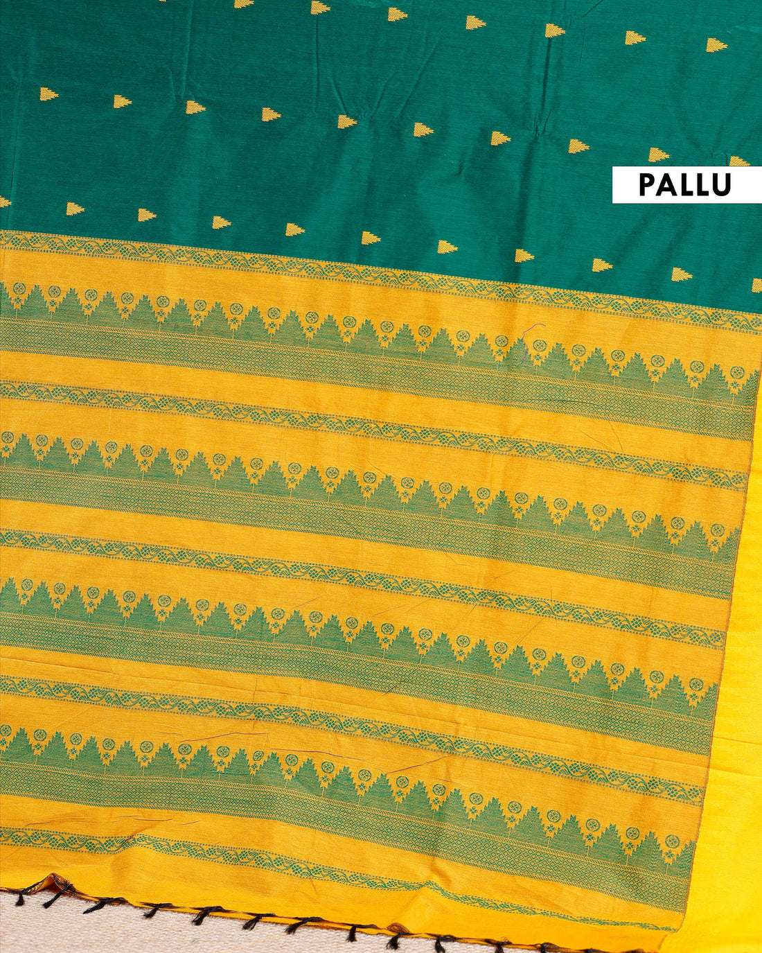 Handloom Kalyani Cotton Saree with Temple Border & Buti Motifs - Green