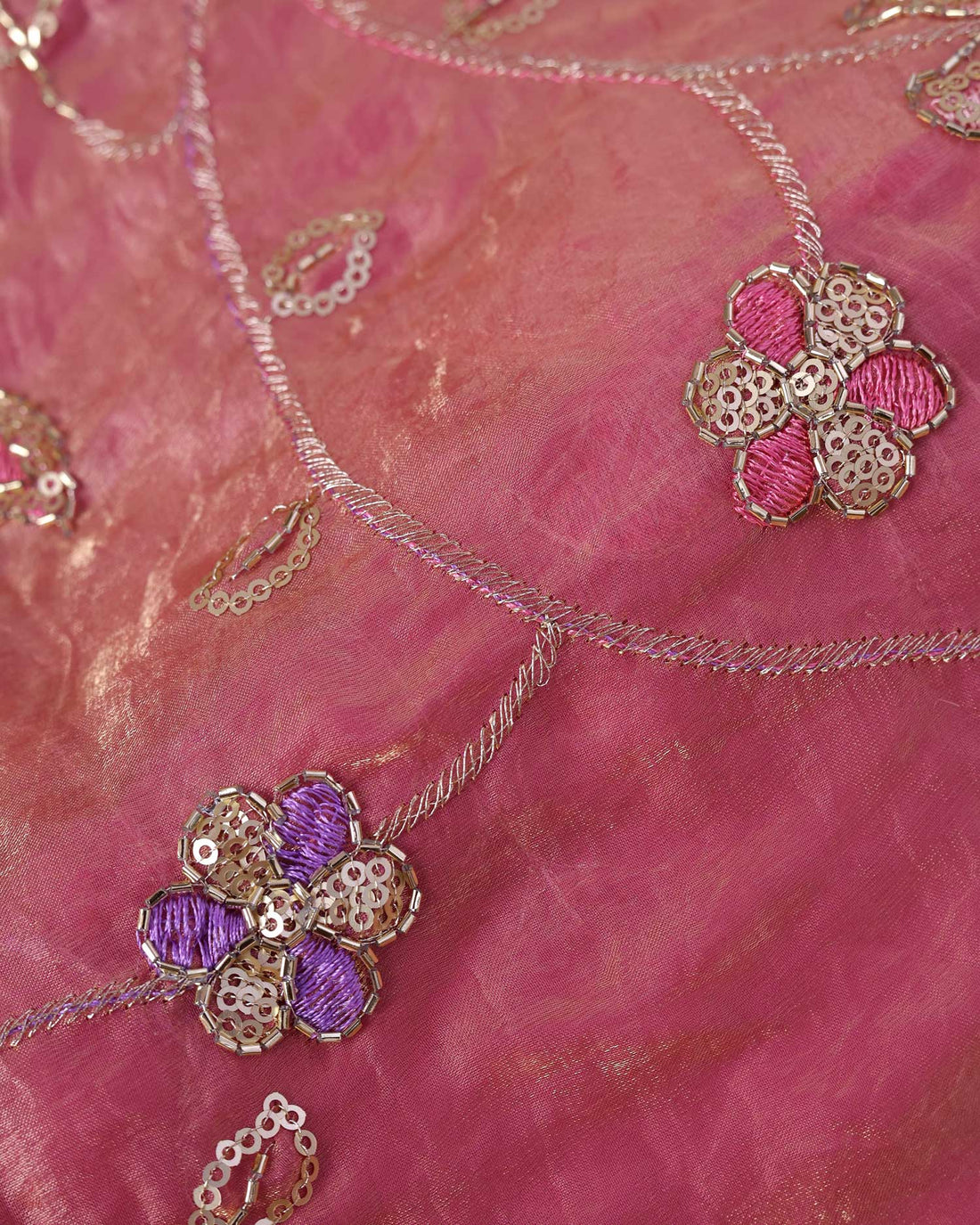 Elegant Women's Floral Embroidered Sequin Work 1 Meter Blouse Material - Pink