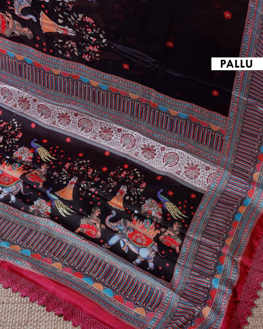 Designer Georgette Saree with Royal Procession Print and Intricately Woven Traditional Border - Black