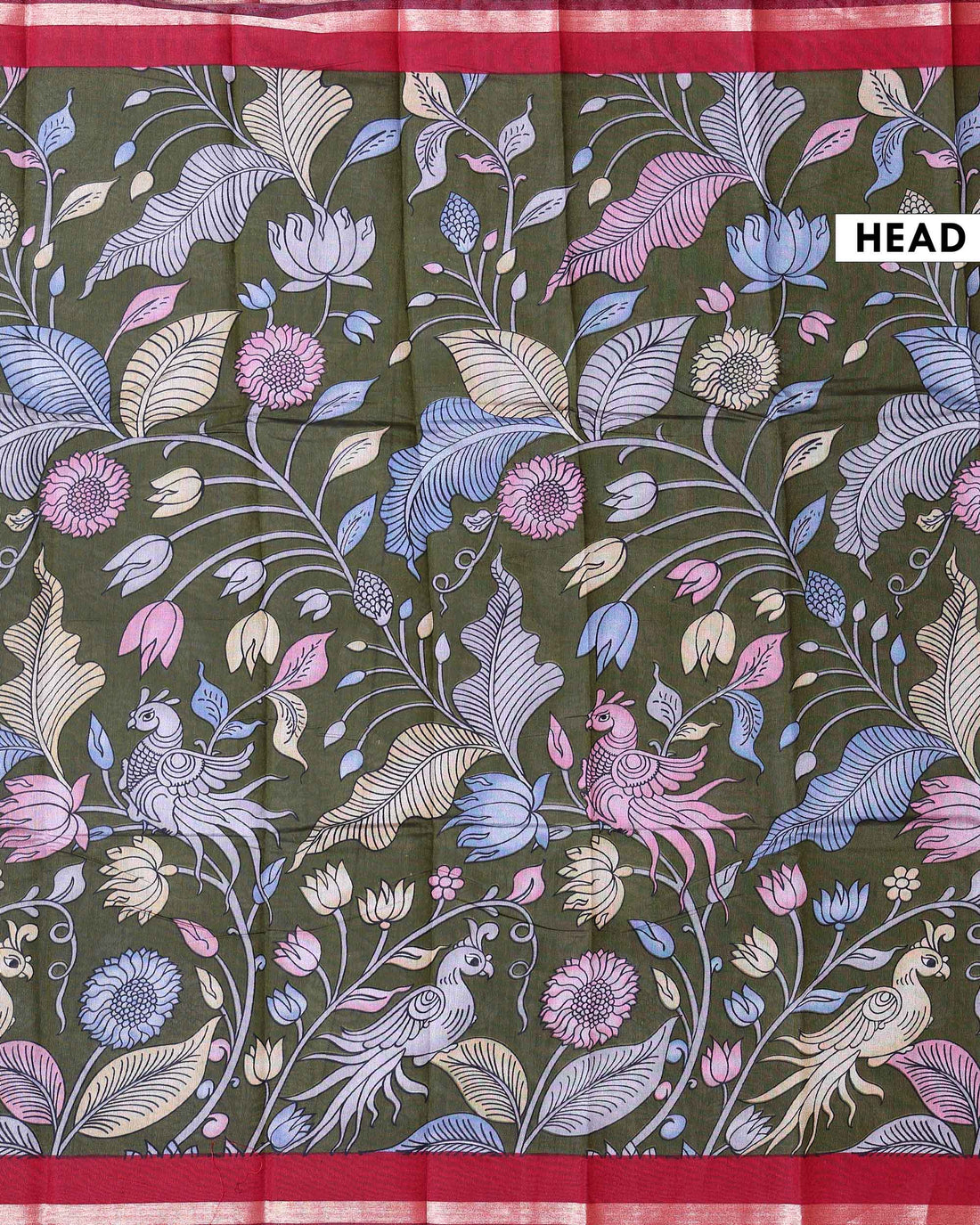 Elegant Semi Chanderi Saree with a Madubani Inspired Body and a Plain Border - Olive