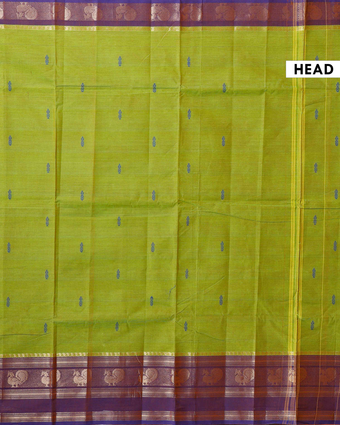 Handloom Chettinad Cotton Saree with Butta Weaves, Zari Peacock Motif Border and Contrast Pallu - Green
