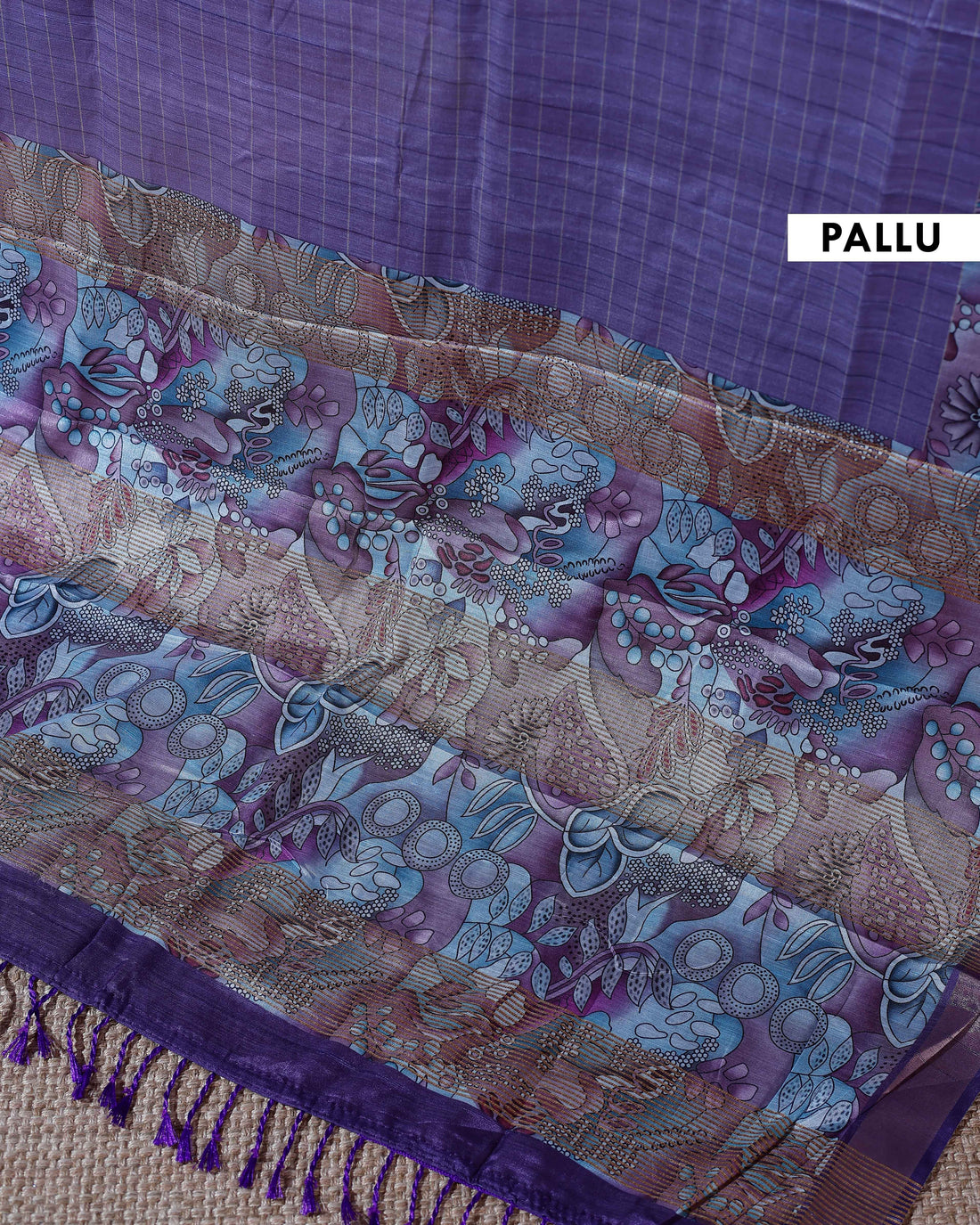 Elegant Semi Cotton Saree with Subtle Checkered Weave and Artistic Floral Patterned Border - Lavender