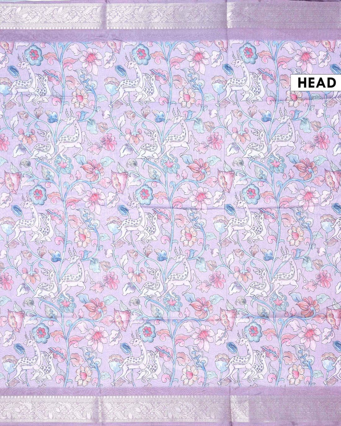 Elegant Dola Silk Saree with All Over Floral Vine Print and Traditional Deer Motif Woven Border - Light Purple