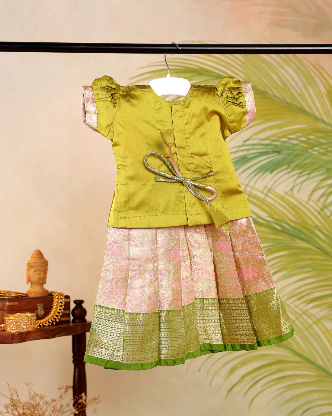 Classic Kids Pattu Pavadai Readymade a Traditional Ethnic Gown with Zari Border & Puff Sleeves  - Light Green