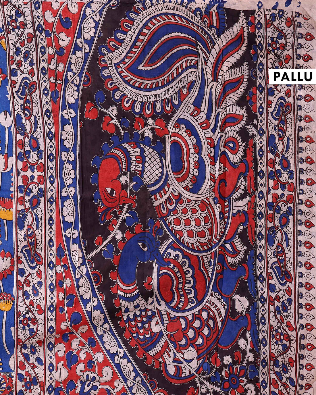Handloom Kalamkari Cotton Saree with Intricate Floral and Folk Art Detailing - Blue