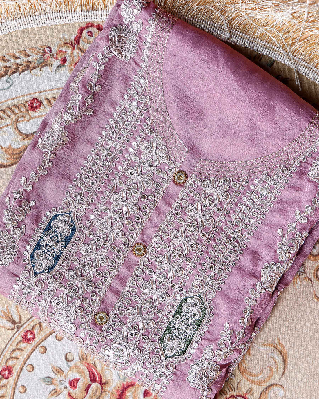 Women's Embroidered Unstitched Salwar Suit Material with Sequins and Scalloped Dupatta Border- Lavender