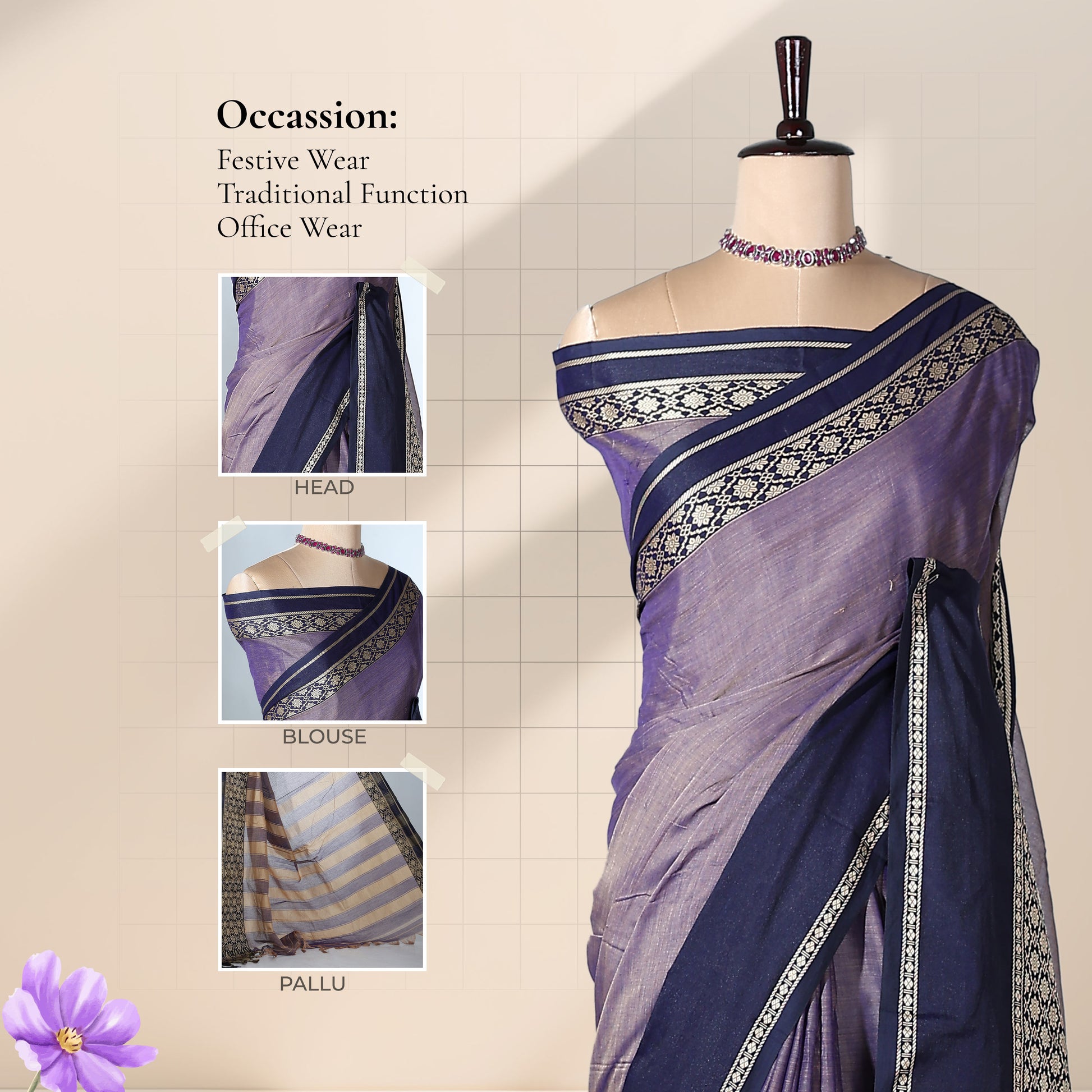 Mangalagiri Cotton Saree With Navy Blue  Zari Border Designer Pallu And Running Blouse Piece For Festive And Office Wear