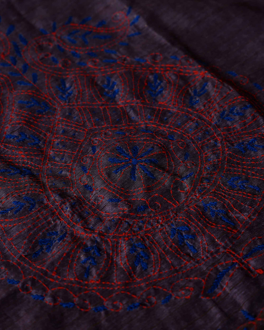 Elegant Kantha Hand Embroidered Saree with Intricate Floral Motif and Contrast Border - Dusty Purple