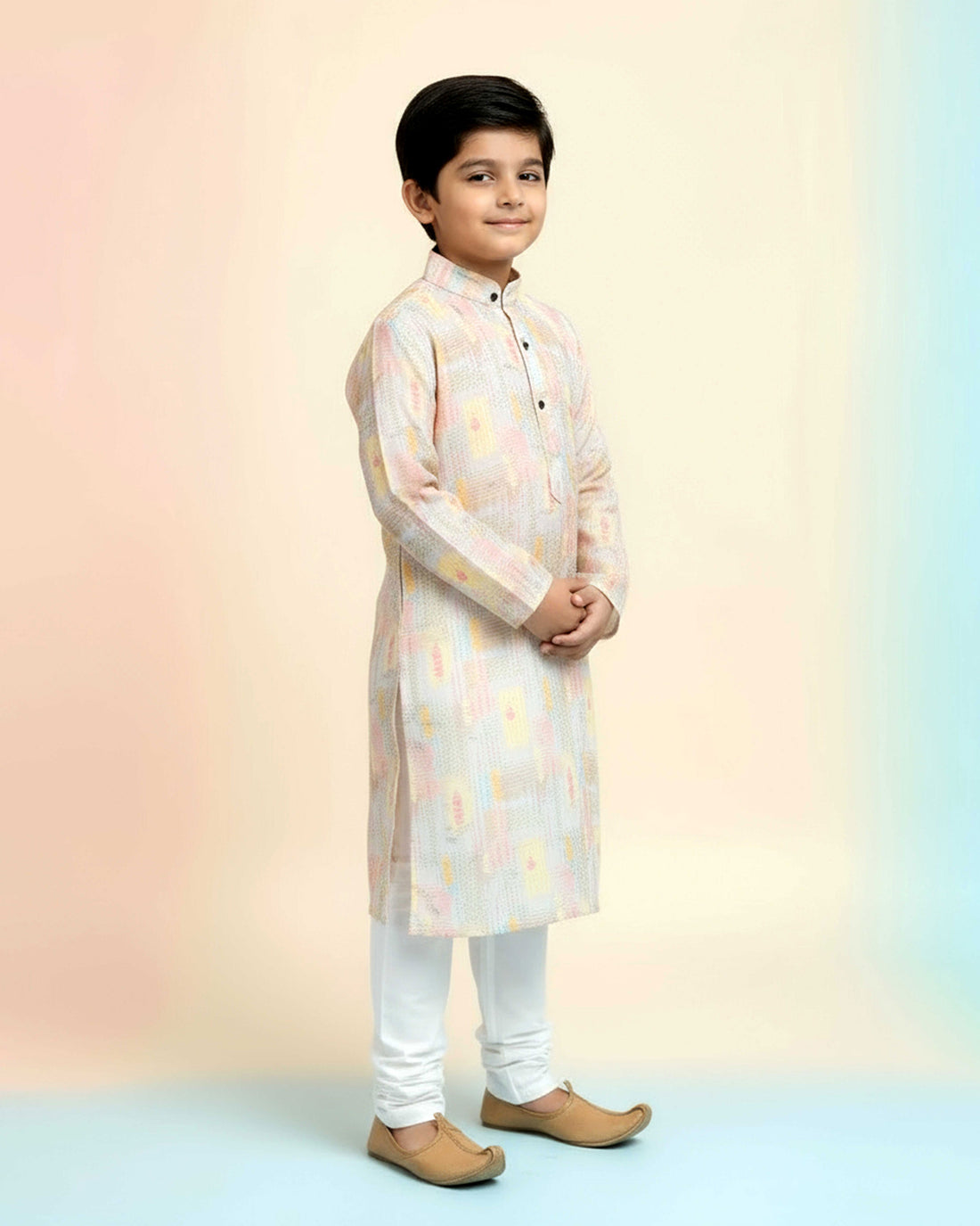 Boys Festive Peach Kurta Set with Multicolor artistic patterns Print