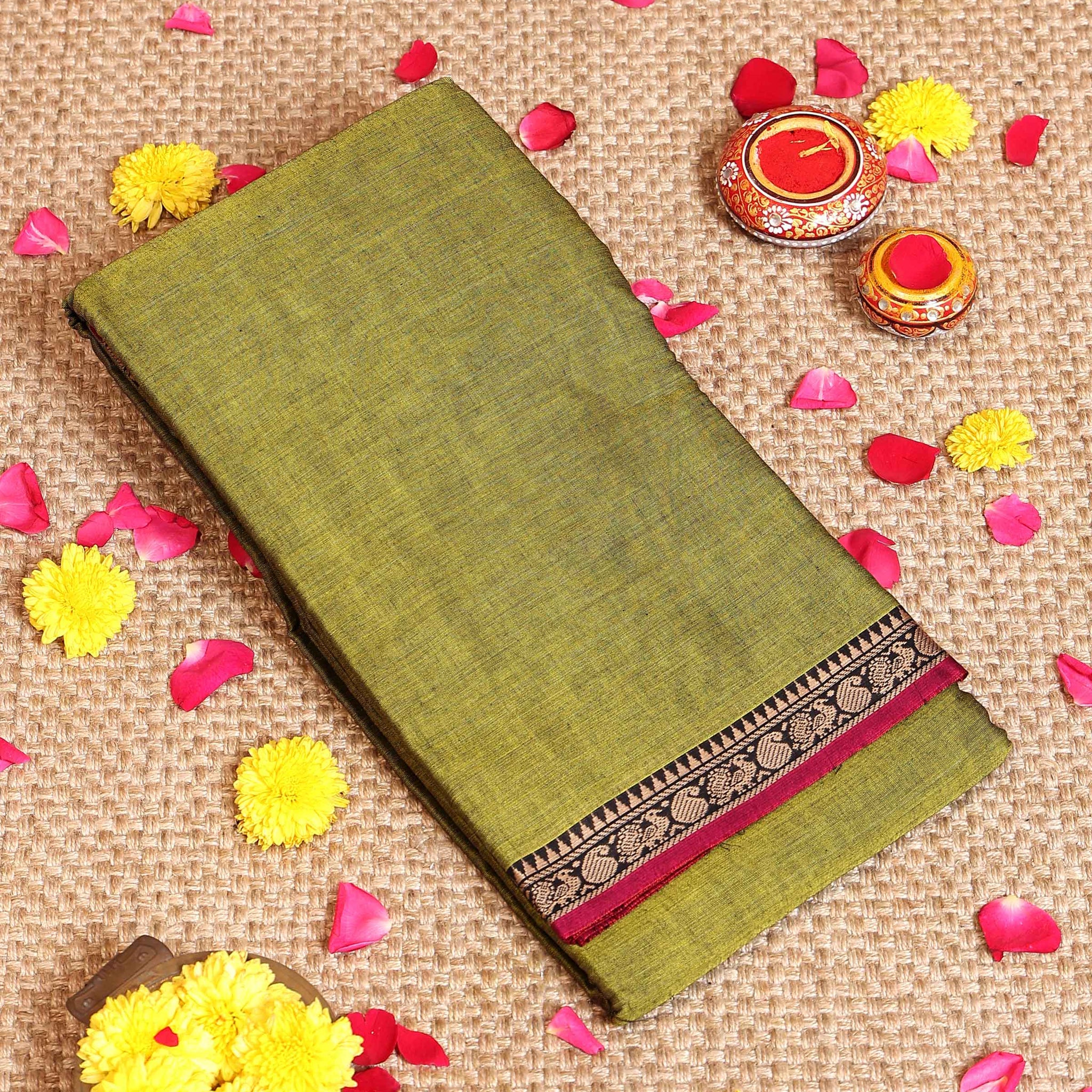 Traditional Handloom Narayanpet Cotton Saree Contrast Border and Geometric Motifs - Olive Green