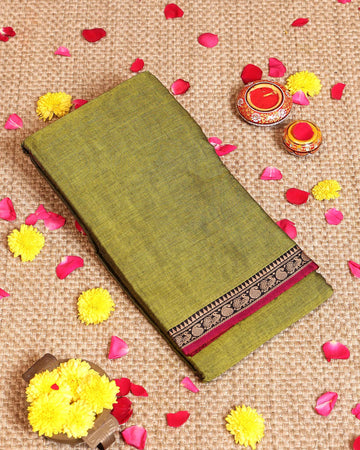 Traditional Handloom Narayanpet Cotton Saree Contrast Border and Geometric Motifs - Olive Green