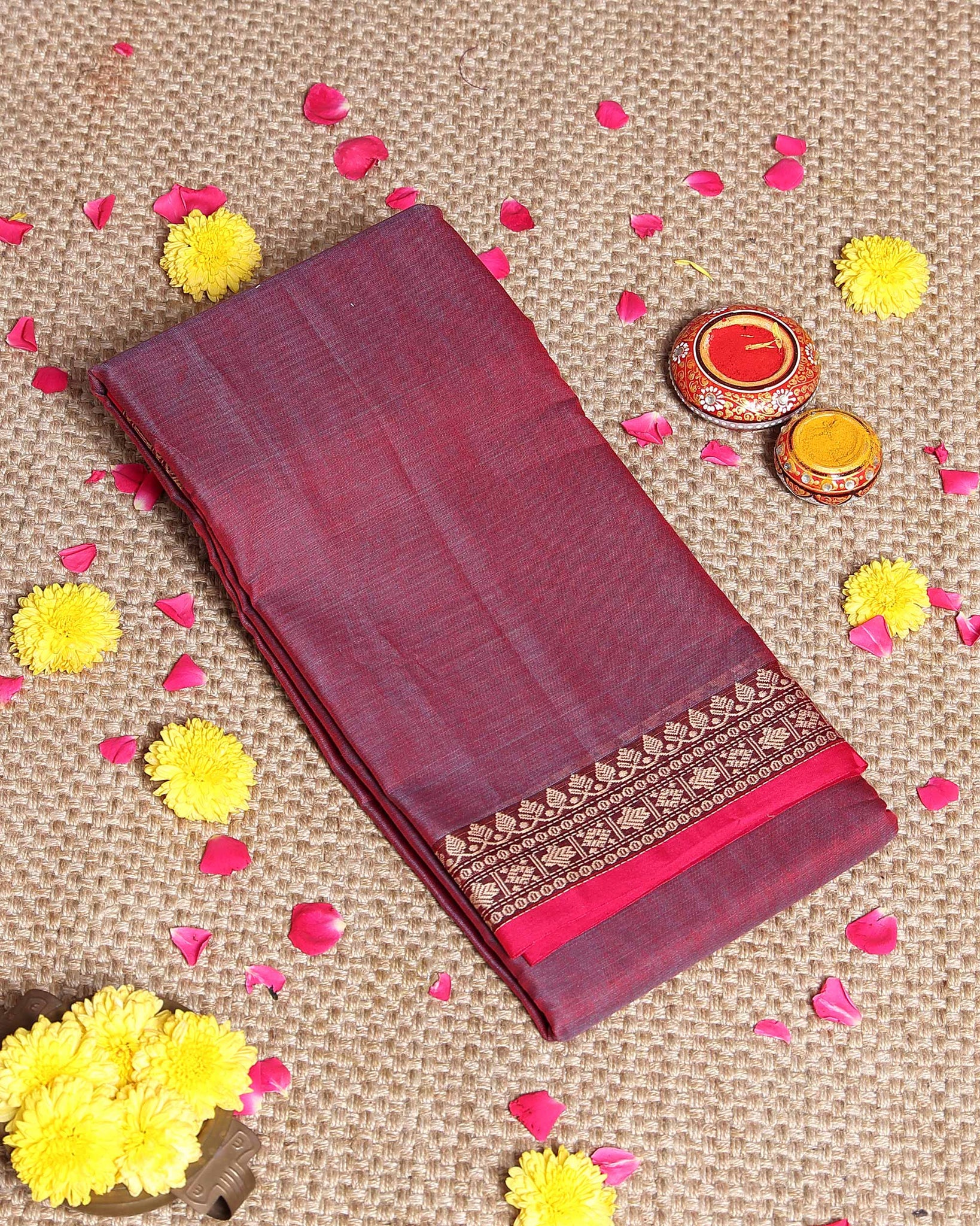 Traditional Narayanpet Cotton Saree with Traditional Zari Border & Temple Motif Detailing - Maroon