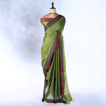 Olive Green Mangalagiri Cotton Saree for Women | Festive Summer Collection | Jeyachandran - Full View