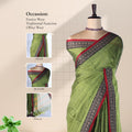 Olive Green Mangalagiri Cotton Saree With Geometric Zari Border And Red Edging Front View