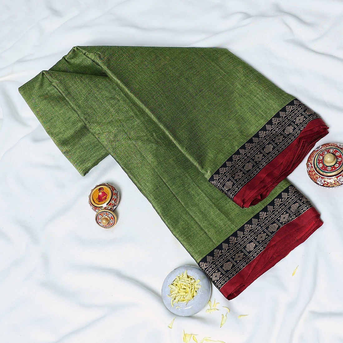 Olive Green Mangalagiri Cotton Saree for Women | Festive Summer Collection | Jeyachandran - Full View