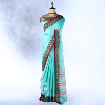 Aqua Blue Mangalagiri Cotton Saree for Women | Festive Summer Collection | Jeyachandran - Full View