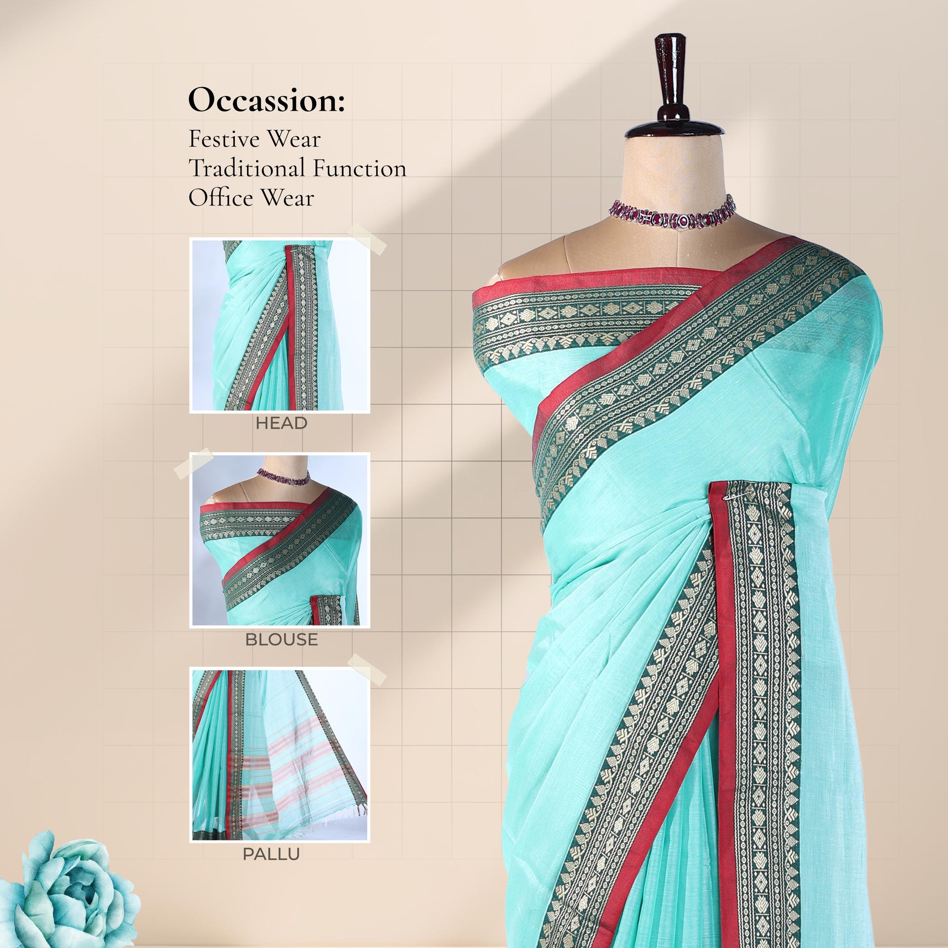 Aqua Blue Mangalagiri Cotton Saree With Geometric Zari Border And Red Edging Front View