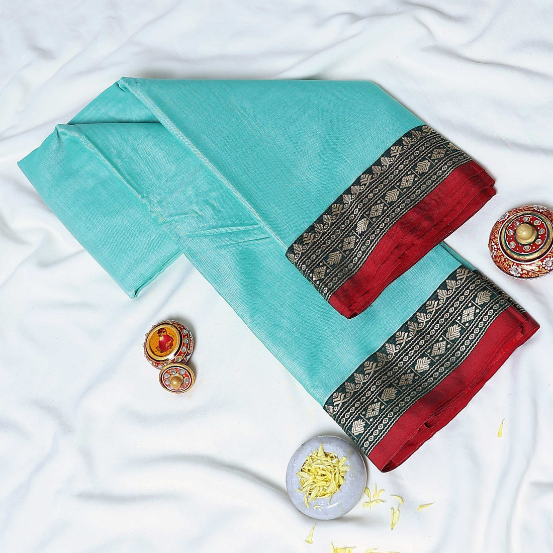 Aqua Blue Mangalagiri Cotton Saree for Women | Festive Summer Collection | Jeyachandran - Full View