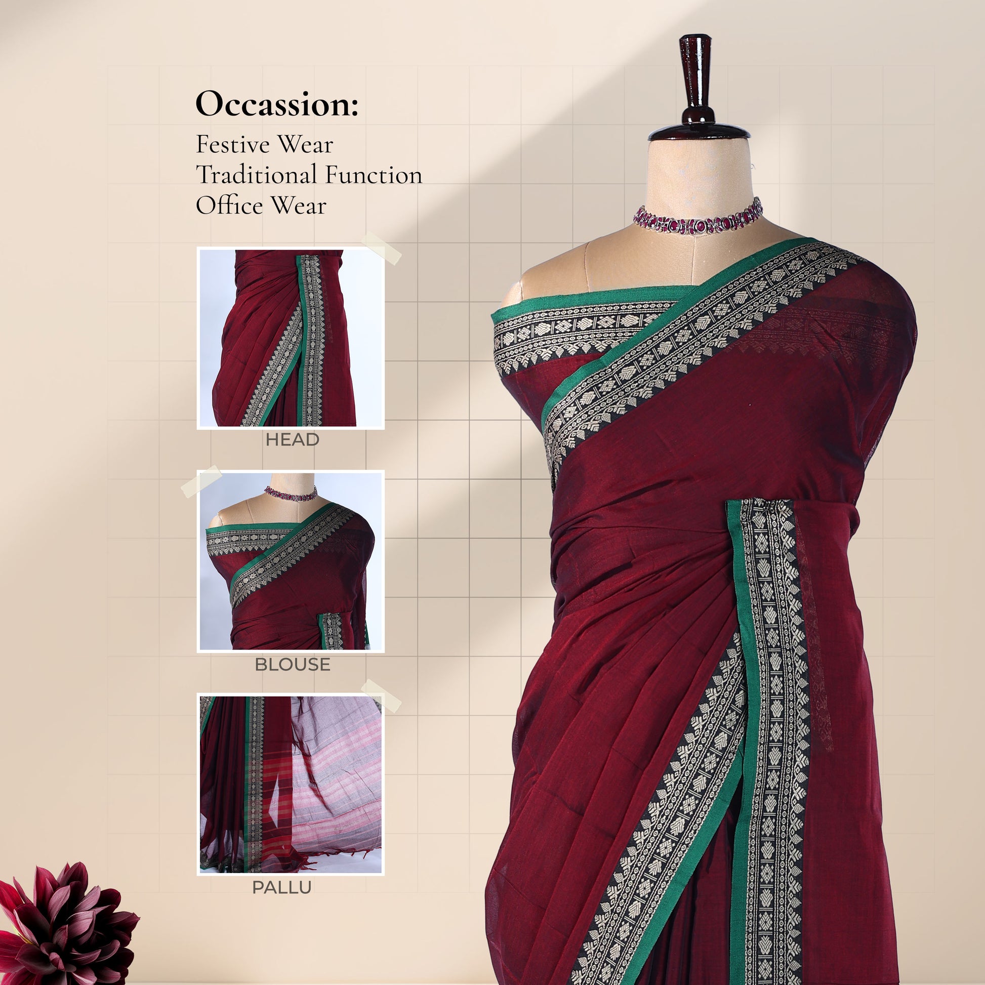 Maroon Mangalagiri Cotton Saree With Geometric Zari Border And Green Edging Front View
