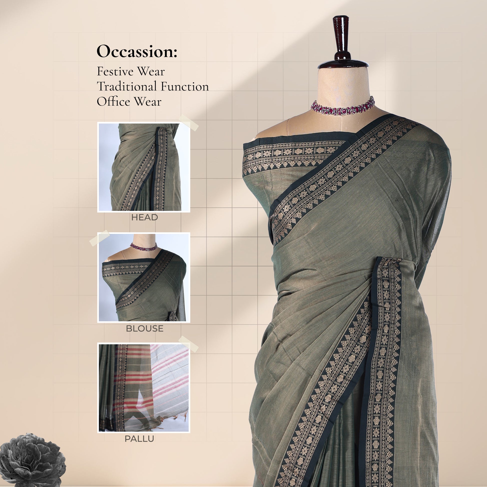 Grey Mangalagiri Cotton Saree With Geometric Zari Border And Black Edging Front View