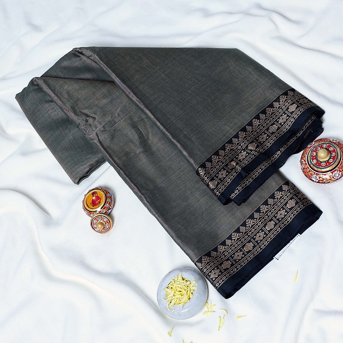 Grey Mangalagiri Cotton Saree for Women | Festive Summer Collection | Jeyachandran - Full View