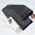 Grey Mangalagiri Cotton Saree With Intricate Geometric Zari Border And Black Edging Close Up Folded View