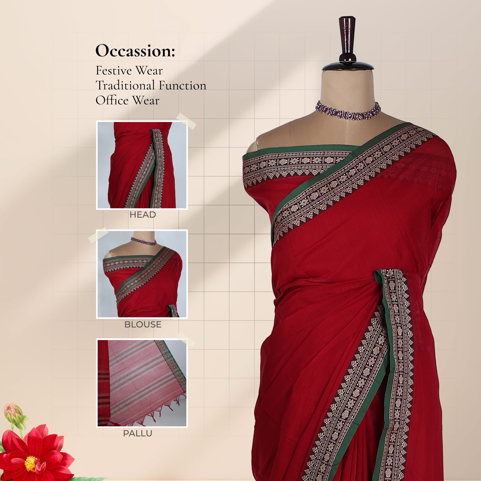 Red Mangalagiri Cotton Saree With Geometric Zari Border And Green Edging Front View