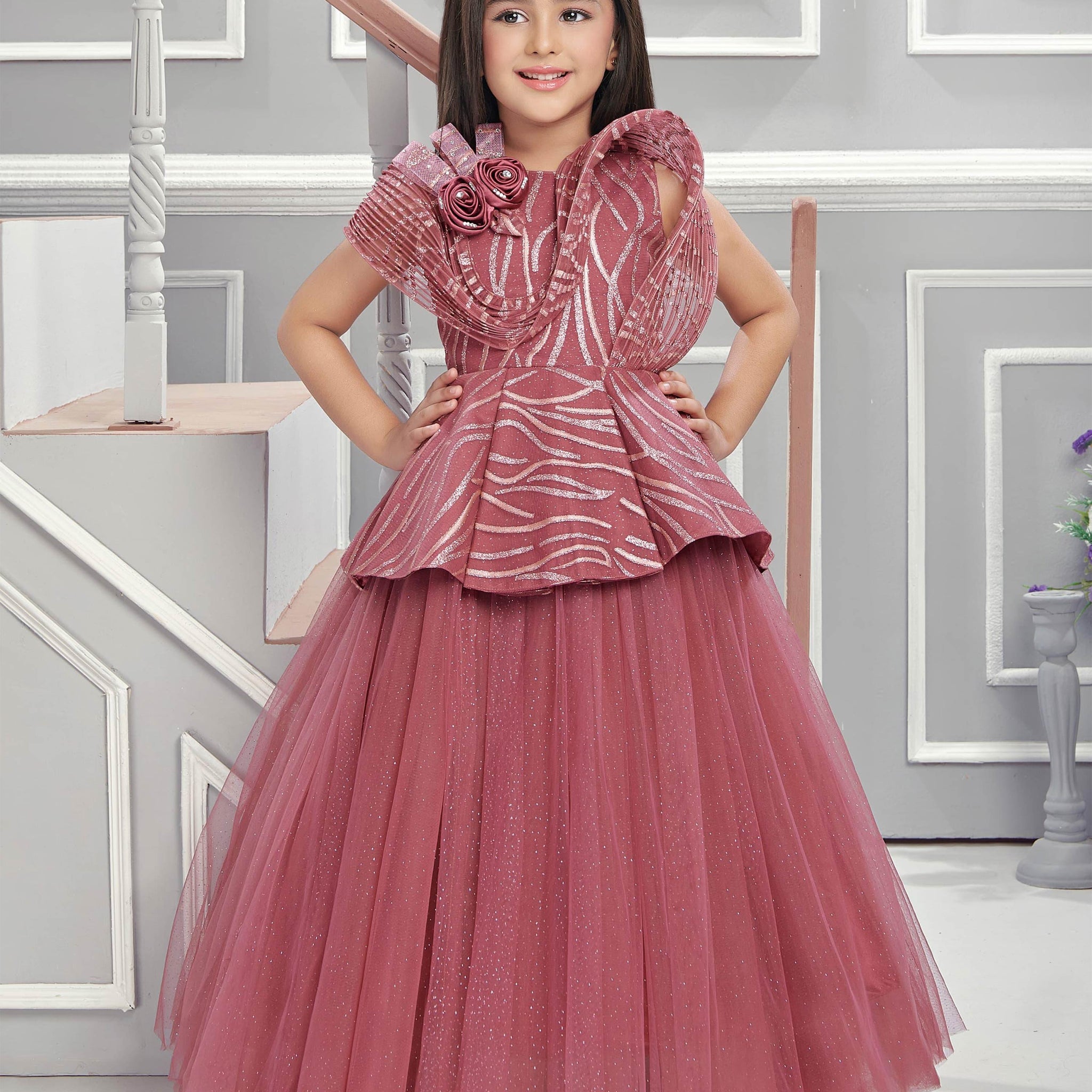 Onion Pink Colored Design With Floral Embellishments Work Frock