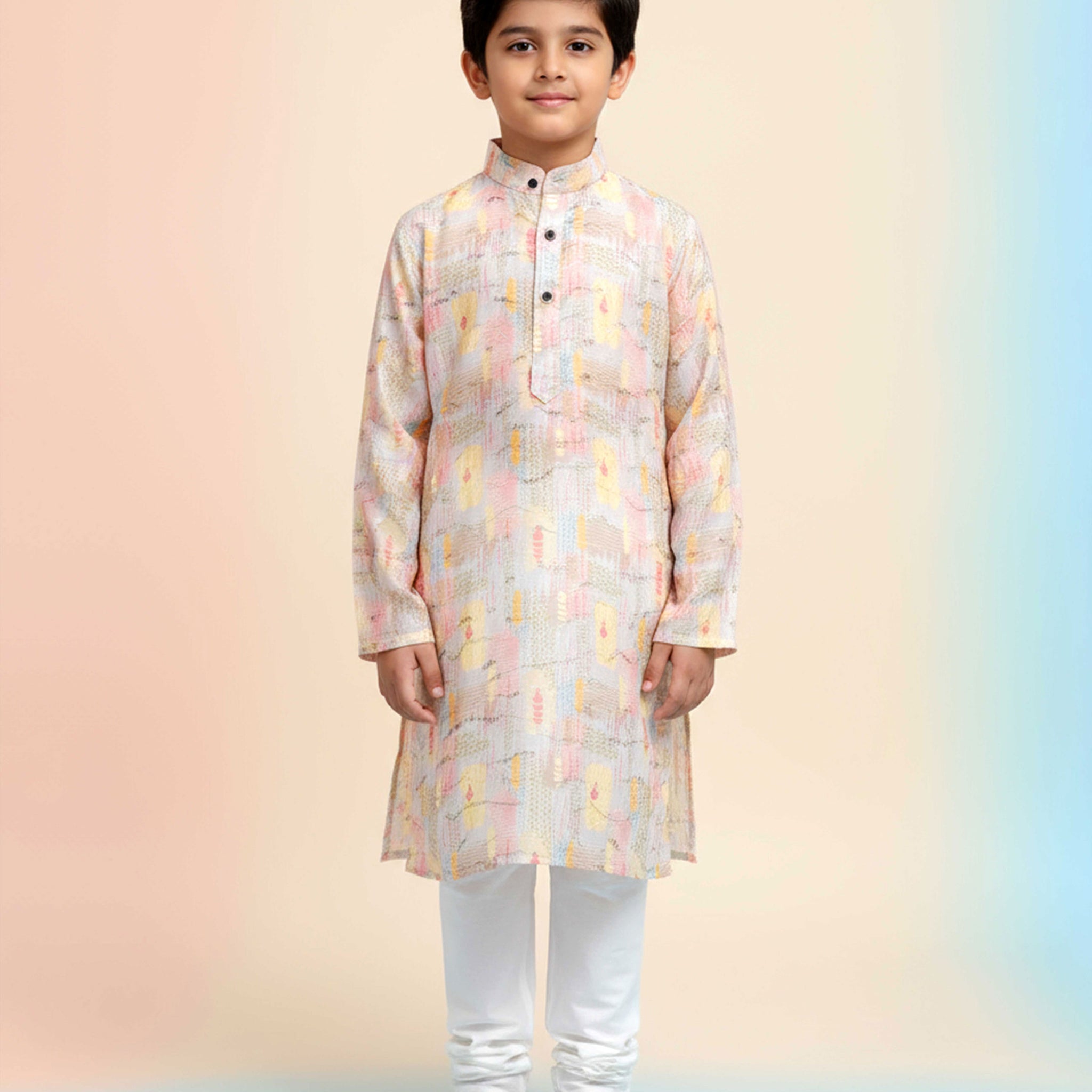Boys Festive Peach Kurta Set with Multicolor artistic patterns Print