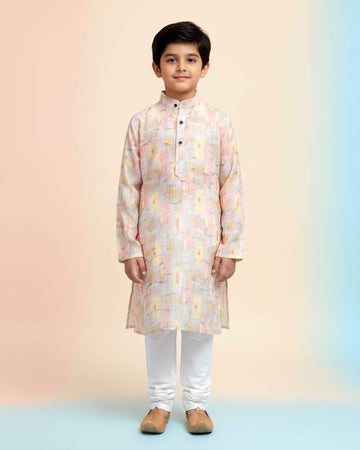 Boys Festive Peach Kurta Set with Multicolor artistic patterns Print